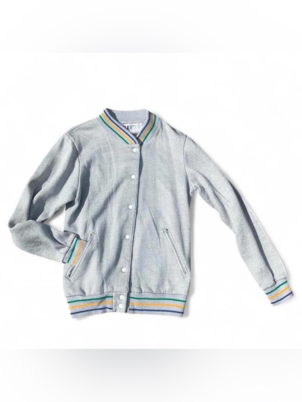 Preppy Vintage Varsity Jacket Heather Gray with Green, Yellow, and Blue Stripes